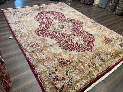 Persian Rug 9x12, Kirman DeLuxe, Millefleur Floral Medallion Carpet, Maroon Light Blue Beige, Semi Antique Authentic Hand Knotted Wool Rug