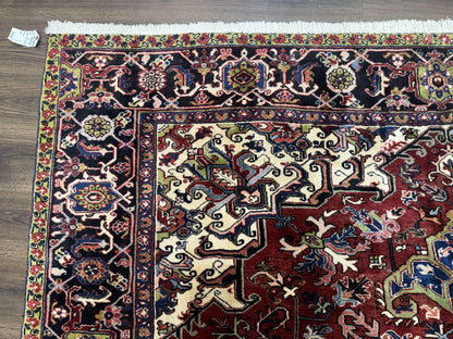 Antique Persian Heriz Rug 8x11, Geometric Tribal Wool Carpet, Brick Red