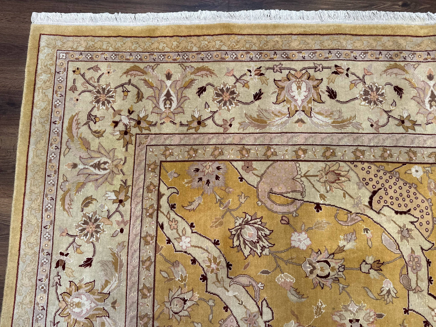 Sino Persian Rug 8x11, Wool with Silk Highlights, Unique Colors, Gold and Light Green, Fine 240 KPSI