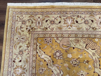 Sino Persian Rug 8x11, Wool with Silk Highlights, Unique Colors, Gold and Light Green, Fine 240 KPSI