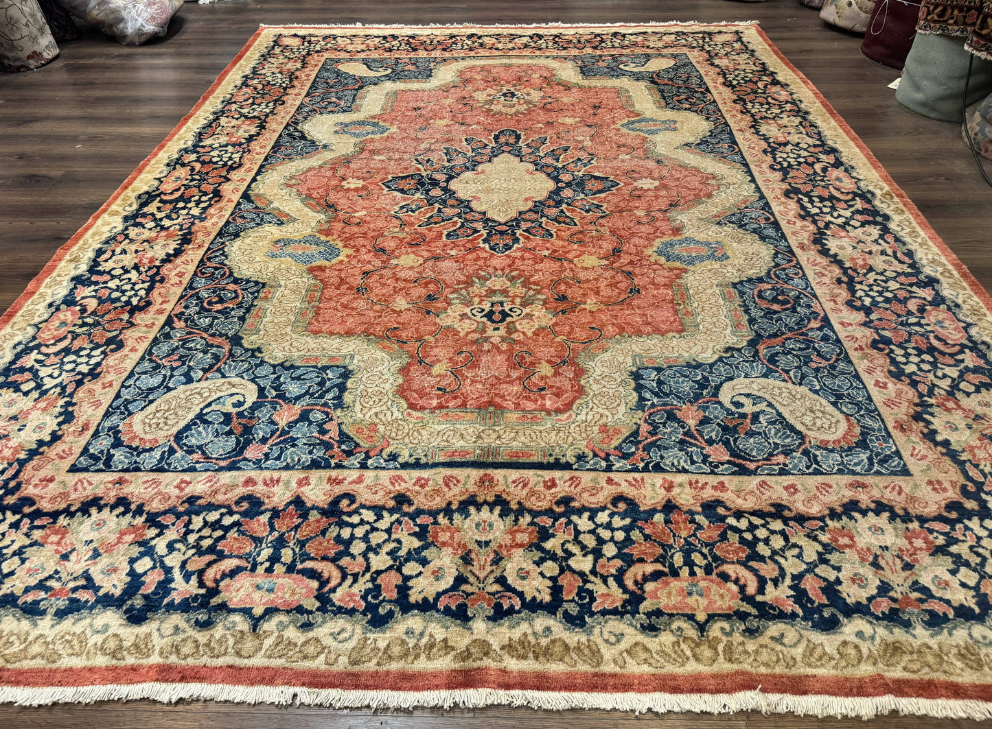 Antique Persian Sarouk Rug 9x12 With Boteh Paisley Medallion Navy Border