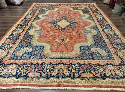 Antique Persian Sarouk Rug 9x12 With Boteh Paisley Medallion Navy Border