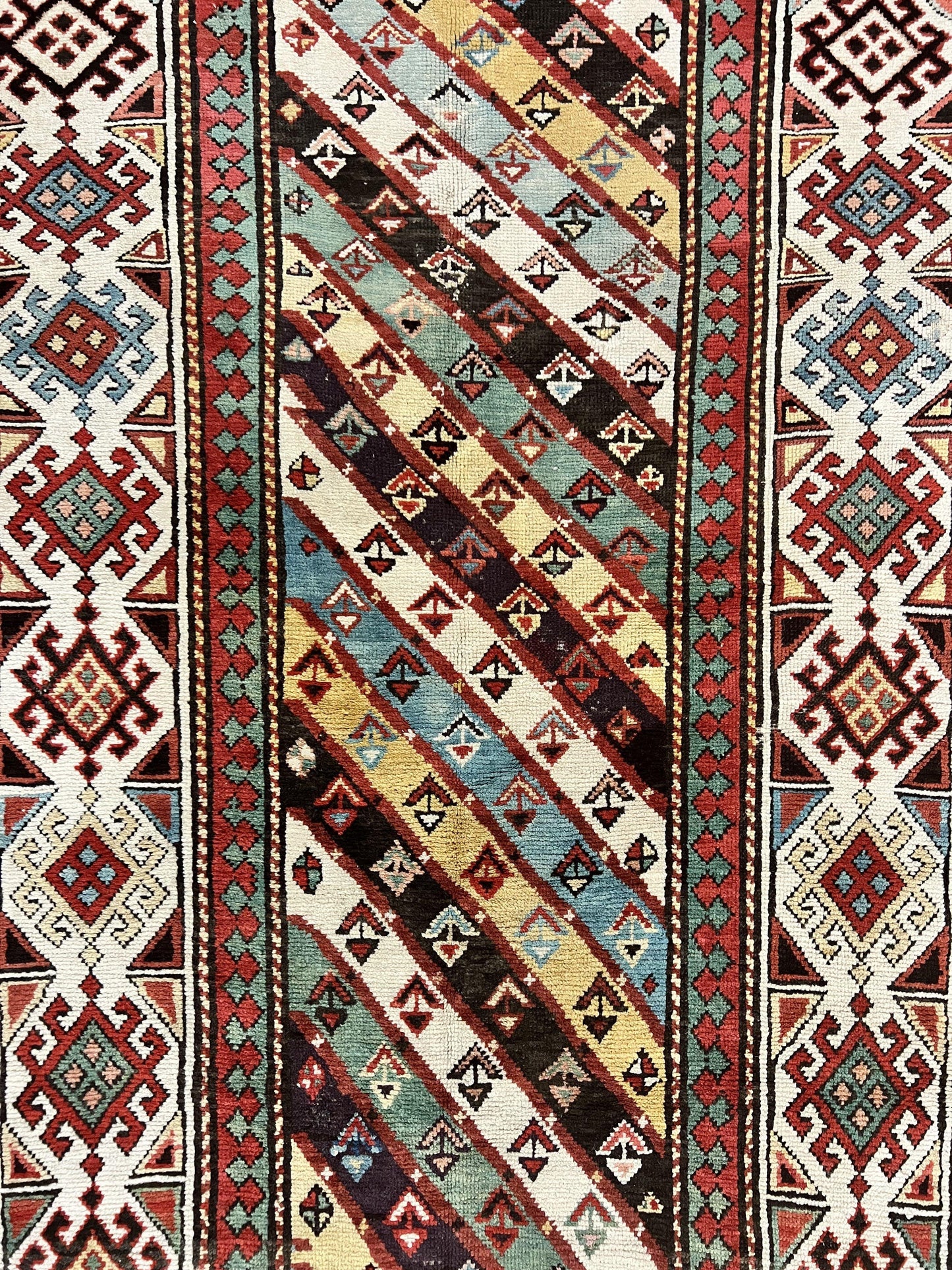 Caucasian Kazak Runner Rug 3.6 x 8, Wool Hand Knotted Antique 1880s Carpet, Ivory & Multicolor Stripes Oriental Runner Rug, Hallway Rug