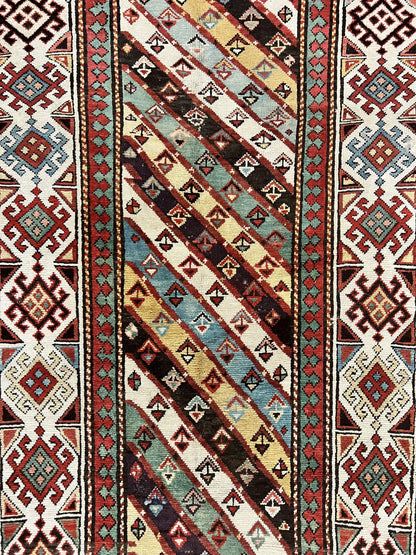 Caucasian Kazak Runner Rug 3.6 x 8, Wool Hand Knotted Antique 1880s Carpet, Ivory & Multicolor Stripes Oriental Runner Rug, Hallway Rug
