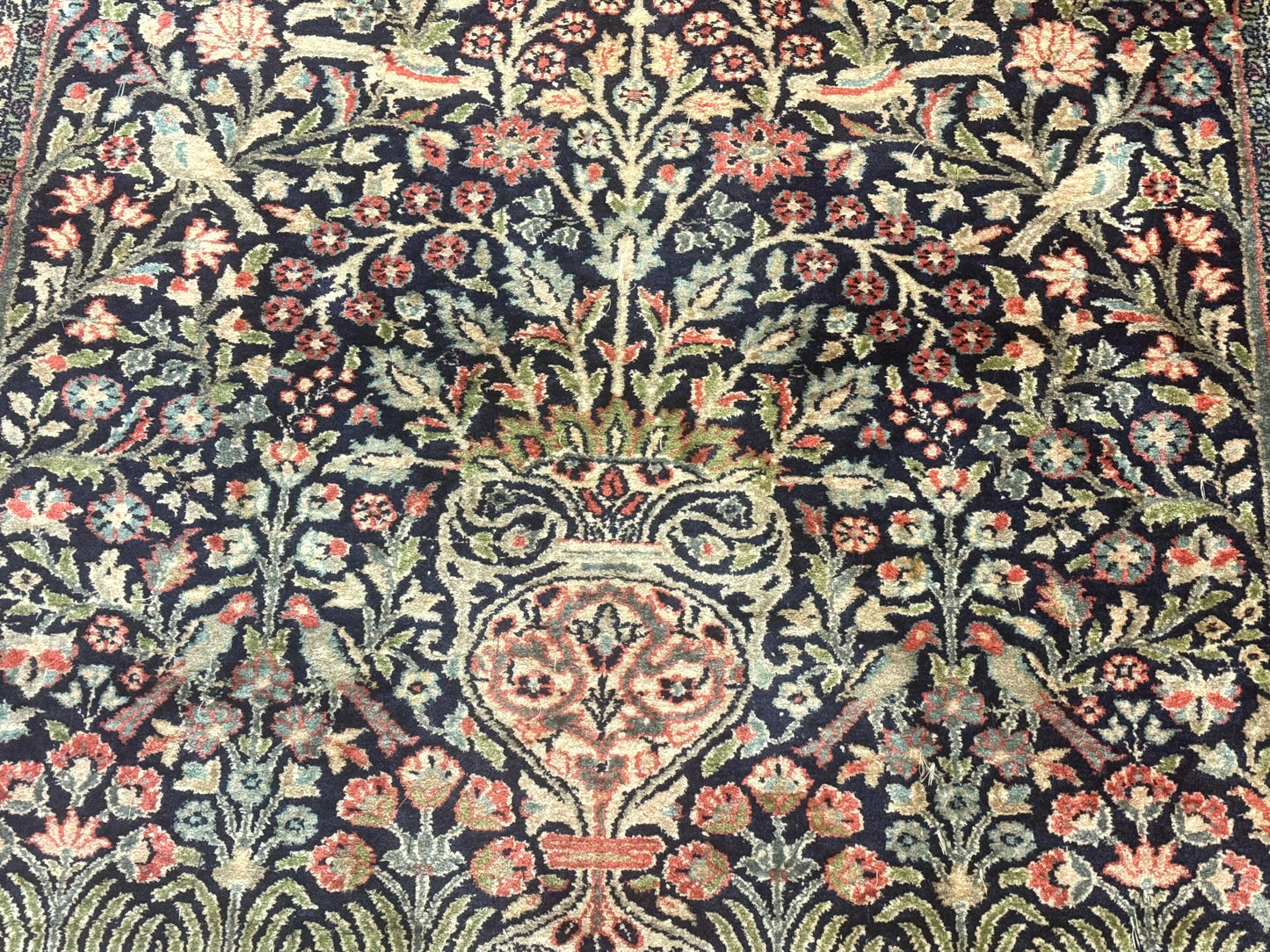 Kashmiri Silk Rug 4x6 Tree Of Life Birds Handmade Navy Red Oriental Carpet