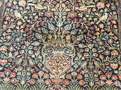 Kashmiri Silk Rug 4x6 Tree Of Life Birds Handmade Navy Red Oriental Carpet