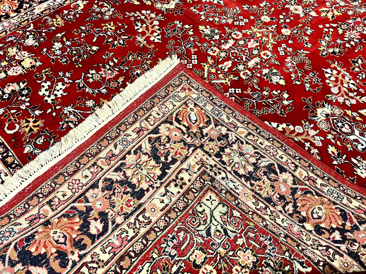 Indo Persian Sarouk Rug 8x10, Red, Floral Allover, Handmade Vintage Wool Carpet, Traditional Rug