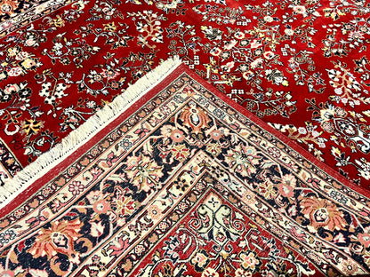 Indo Persian Sarouk Rug 8x10, Red, Floral Allover, Handmade Vintage Wool Carpet, Traditional Rug