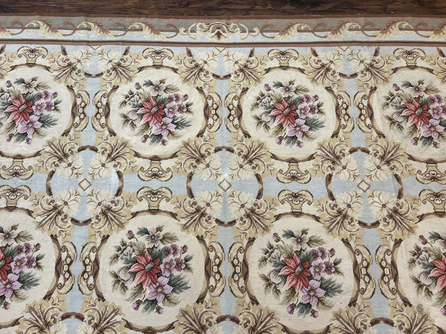 Needlepoint Wool Rug 8x11 Vintage Sky Blue Handmade Carpet