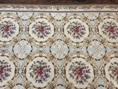 Needlepoint Wool Rug 8x11 Vintage Sky Blue Handmade Carpet