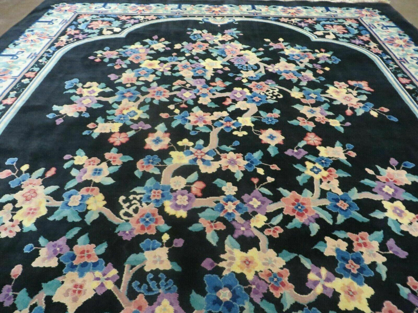 Art Deco Wool Rug Vintage Hand Knotted 8x10 Center Flower Black