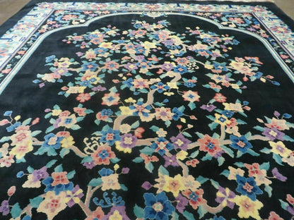Art Deco Wool Rug Vintage Hand Knotted 8x10 Center Flower Black