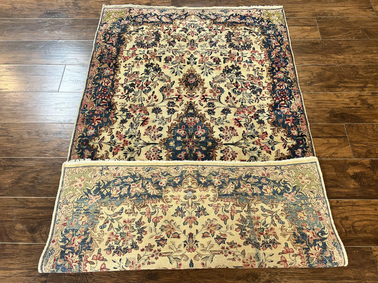 Antique Persian Kirman Rug 4x7 Hand Knotted Wool Floral Carpet Cream And Navy