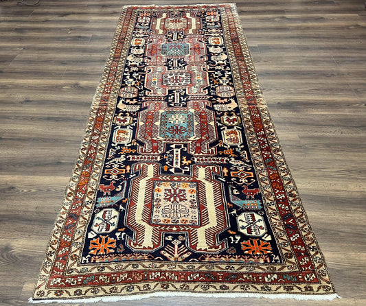 Persian Ardabil Runner Rug 4x10 Hand Knotted Antique Wool With Animal Pictorials