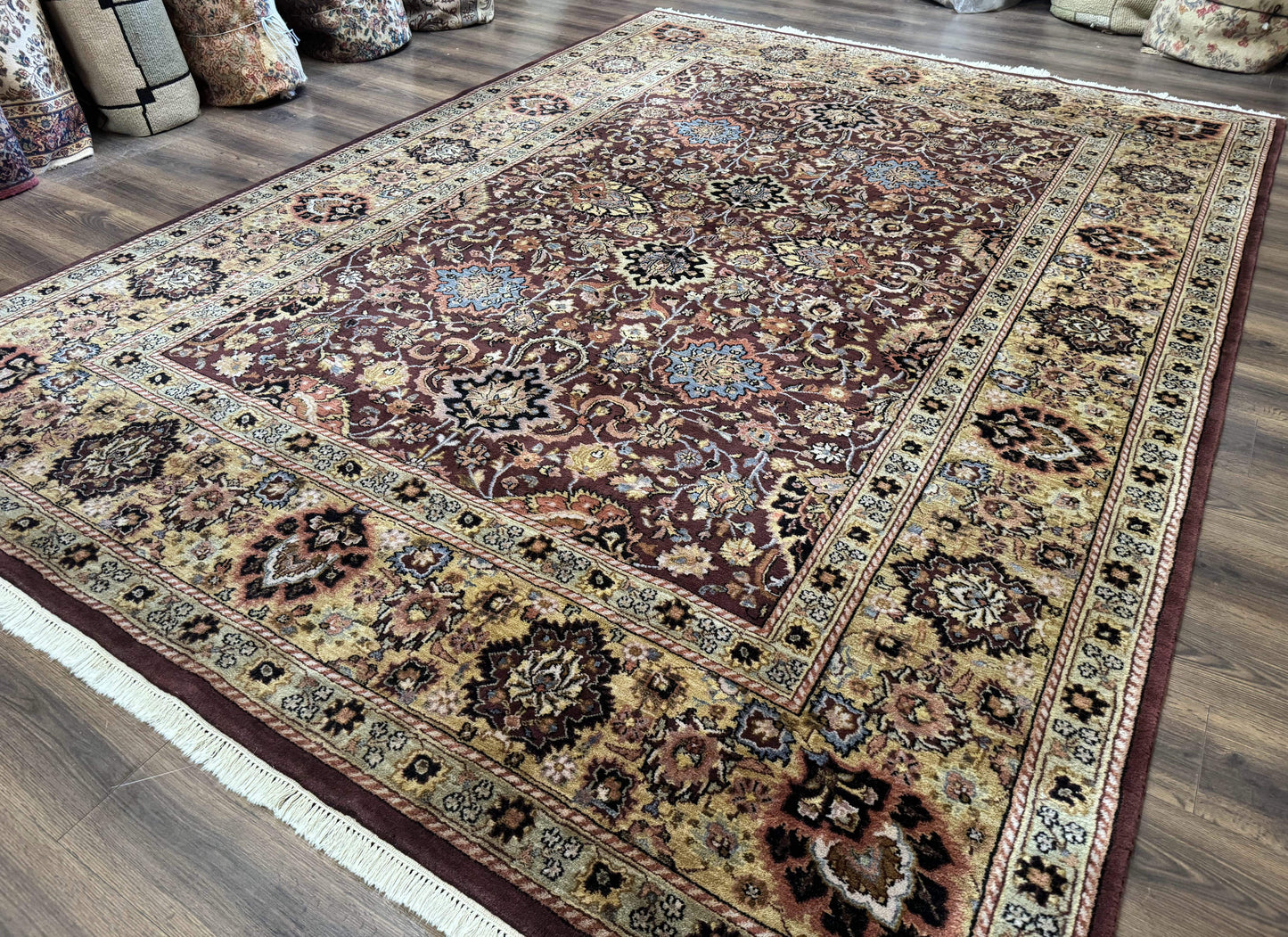 Indo Persian Rug 8x11 Handmade Wool Hand Knotted Eggplant Tan Allover Pattern Couristan