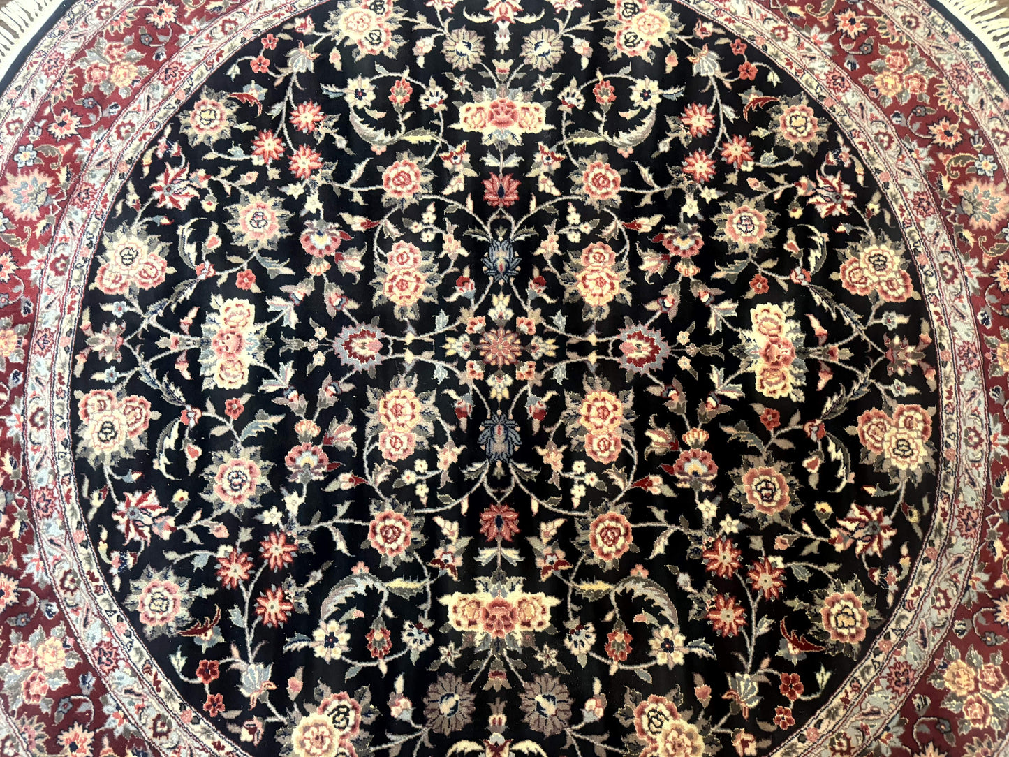 Round Sino Persian Rug 6x6 Floral Navy Blue Red Wool Silk Highlights
