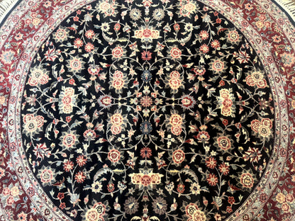 Round Sino Persian Rug 6x6 Floral Navy Blue Red Wool Silk Highlights