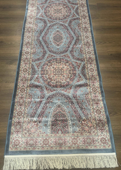 Turkish Silk Runner Rug 2.6 x 13, Blue Runner Rug, Dome Design, Bamboo Silk, New