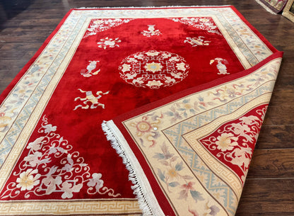 Chinese Wool Rug 8.6 By 11 Vintage Handmade Carved Chinese Oriental Carpet Plush Pile Semi Open Field