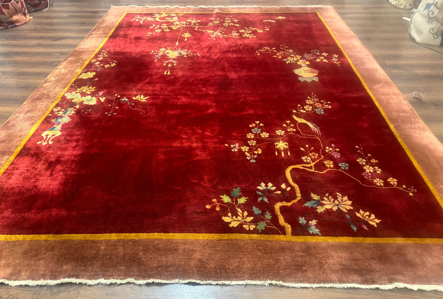 Red Chinese Art Deco Wool Rug 9x11 Handmade Antique Area Rug