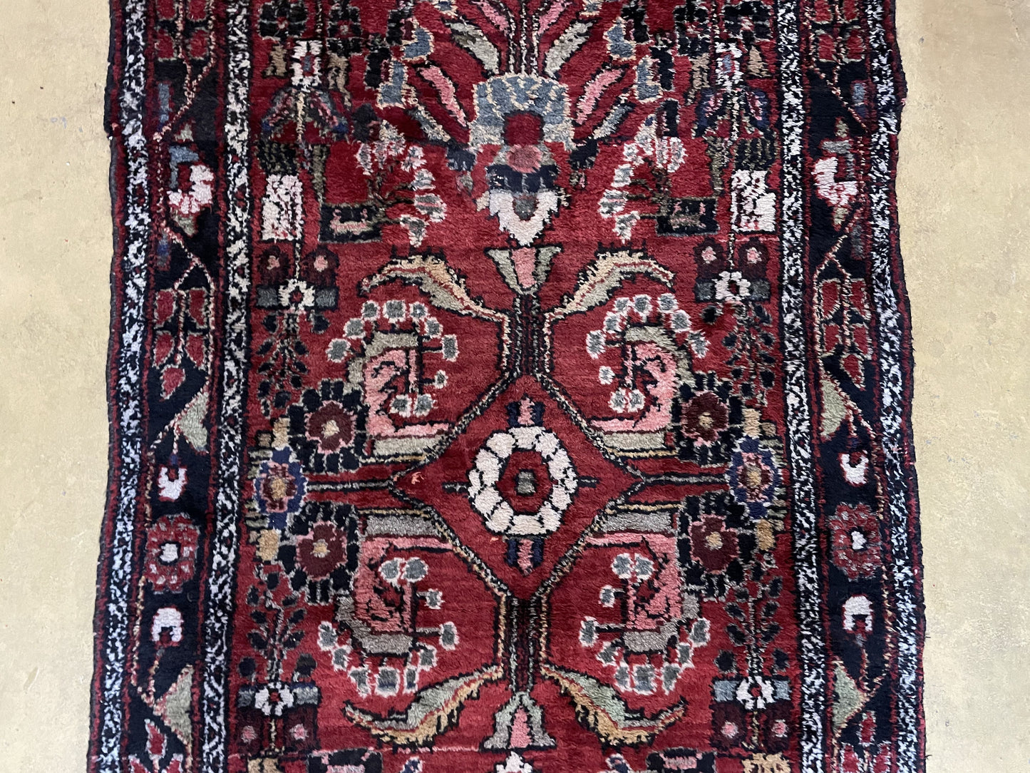 3' 4" X 9' Antique Handmade Wool Rug Runner Floral Organic Dyes Red Nice