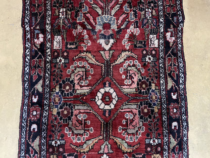 3' 4" X 9' Antique Handmade Wool Rug Runner Floral Organic Dyes Red Nice