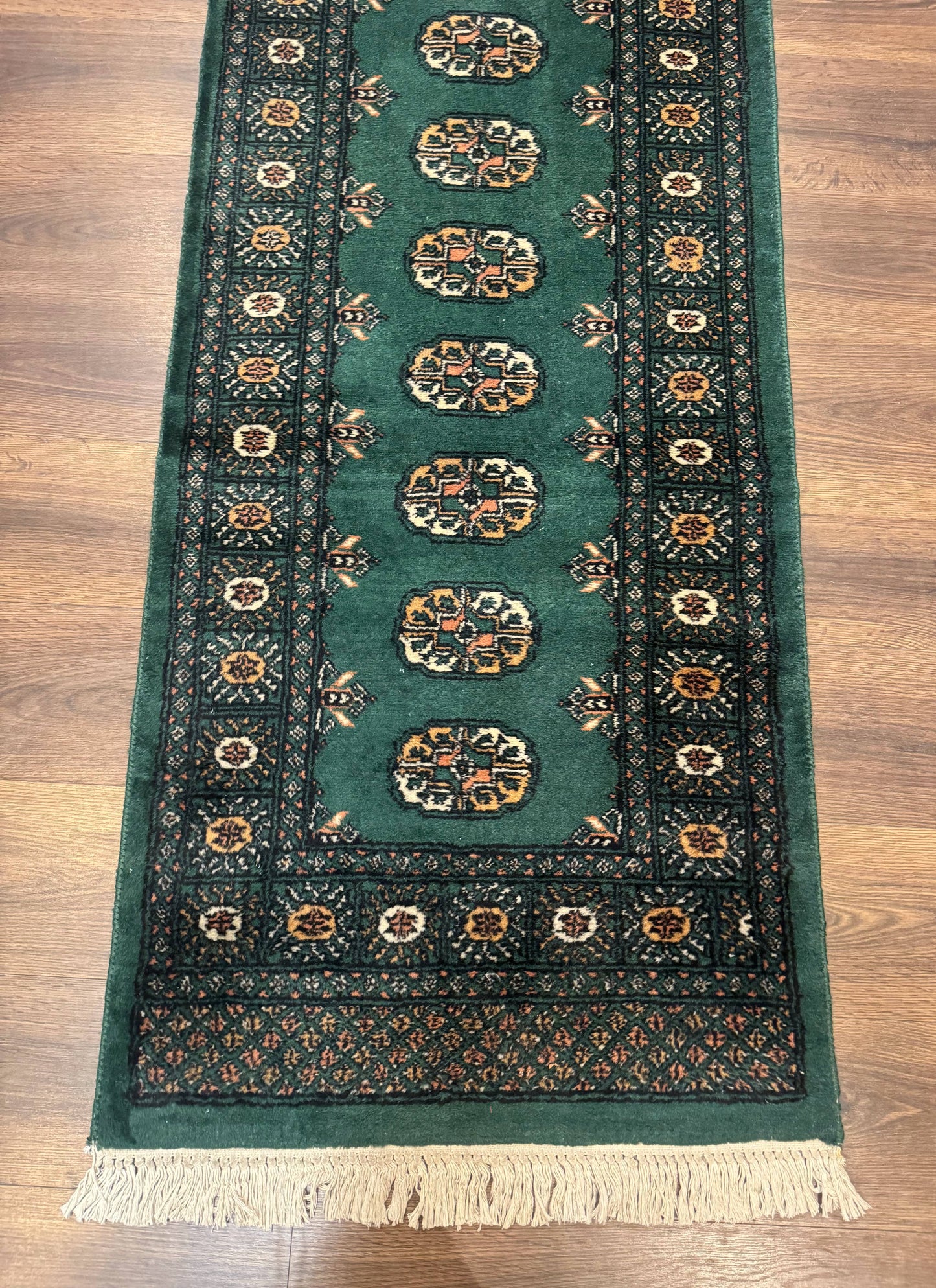 Pakistani Bokhara Runner Rug 2.5 x 11, Green Turkoman Wool Runner for Hallway