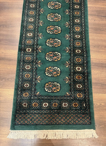 Pakistani Bokhara Runner Rug 2.5 x 11, Green Turkoman Wool Runner for Hallway