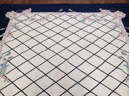Vintage Dhurrie Rug, Indian Dhurrie 8x11 - 9x11, Wool Hand-Woven Ivory & Black Indo Carpet, Large Flat Weave Rug Living Room Rug Black White