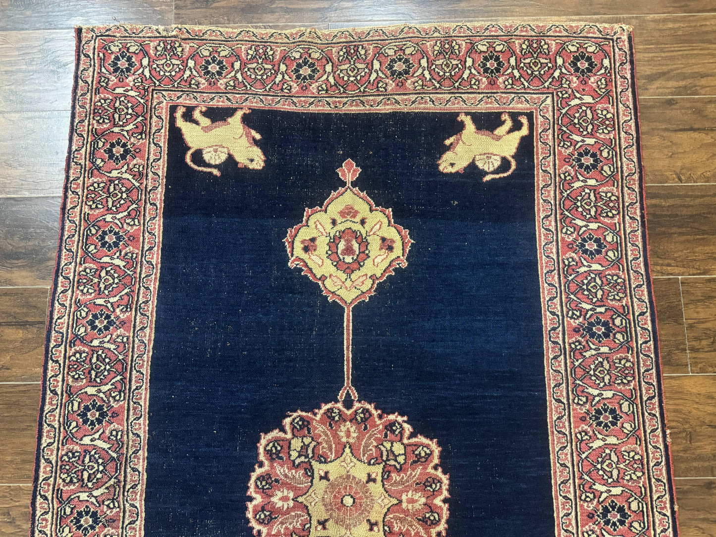Antique Persian Mashad Rug 4x6, Semi Open Field, Navy Blue, Lion Pictorials, Triple Medallion, Dorokhsh Rug