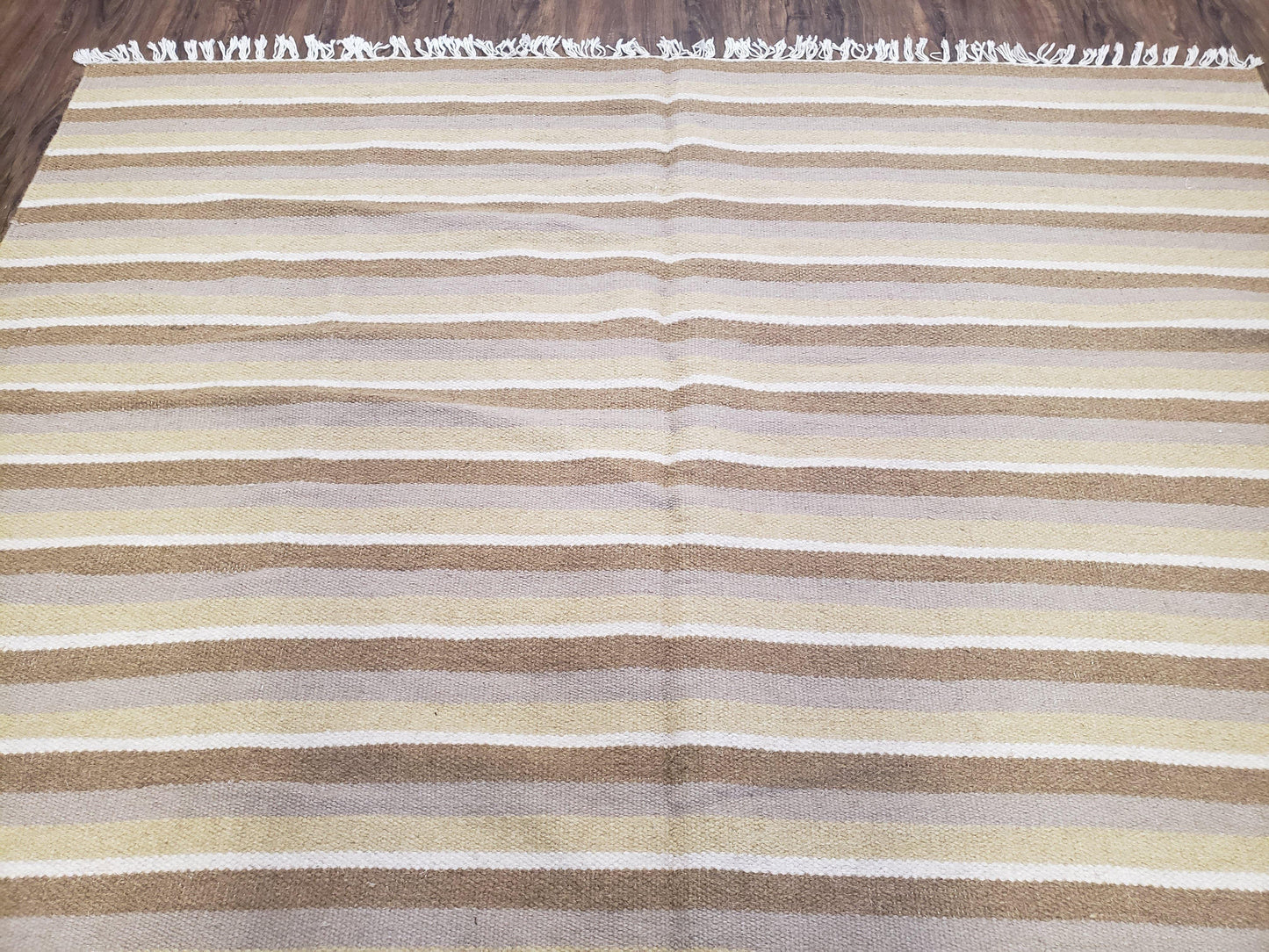 New Indian Striped Blanket, Multicolor Earthern Tones Kilim Rug, Wool Handmade South American Style Blanket, Queen Sized Bedspread 5x8 - 6x8