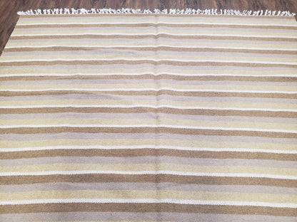 New Indian Striped Blanket, Multicolor Earthern Tones Kilim Rug, Wool Handmade South American Style Blanket, Queen Sized Bedspread 5x8 - 6x8