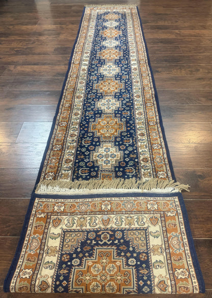 Indo Persian Runner Rug 2.6 x 12.7, Indian Kashmiri Runner for Hallway or Kitchen, Navy Blue, Geometric Medallions, Handmade Wool