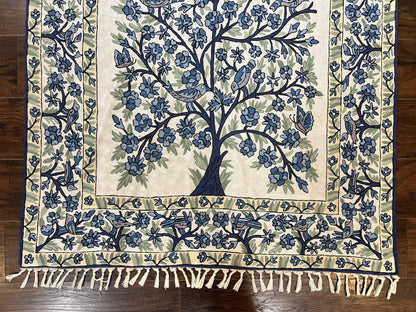 Tree Of Life Rug Indian Hand Stitched Silk On Cotton Vintage 4x6 Wall Hanging