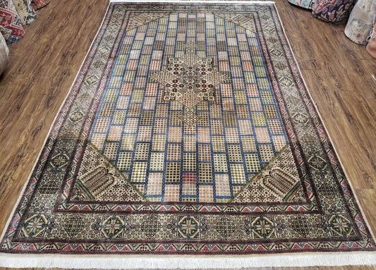 Sino Persian Silk Rug 6.4 x 9.9, Very Fine Hand Knotted Carpet, Panel Design Multicolor, Silk Pile on Silk Foundation, Handmade Vintage