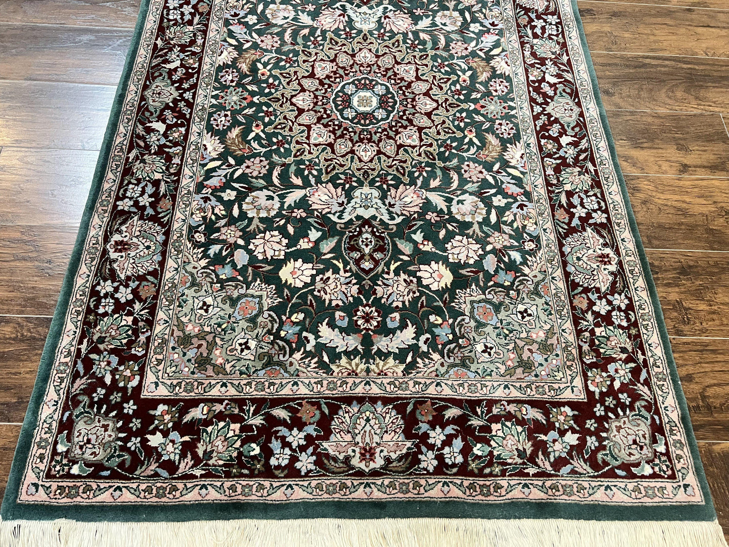 Pak Persian Rug 4x6, Wool Hand Knotted Vintage Carpet, Dark Green, Floral Medallion, Fine Oriental Rug