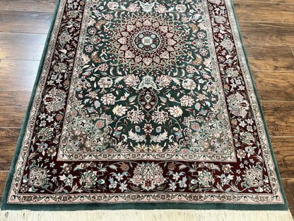 Pak Persian Rug 4x6, Wool Hand Knotted Vintage Carpet, Dark Green, Floral Medallion, Fine Oriental Rug