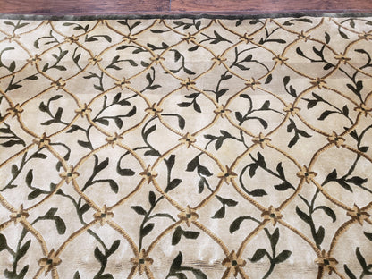 Vintage Tibetan Area Rug 9x12 Hand Knotted Wool Nepali Beige Soft Pile For Living Room