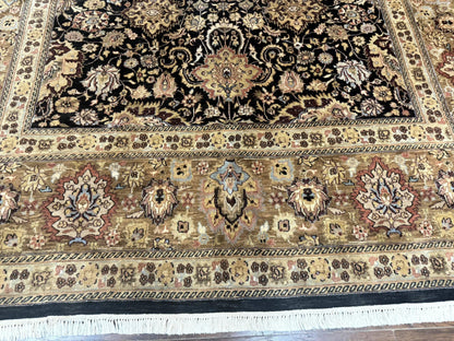 Indo Persian Rug 9x12, Floral Allover, Midnight Blue, Handmade Vintage Wool Oriental Carpet