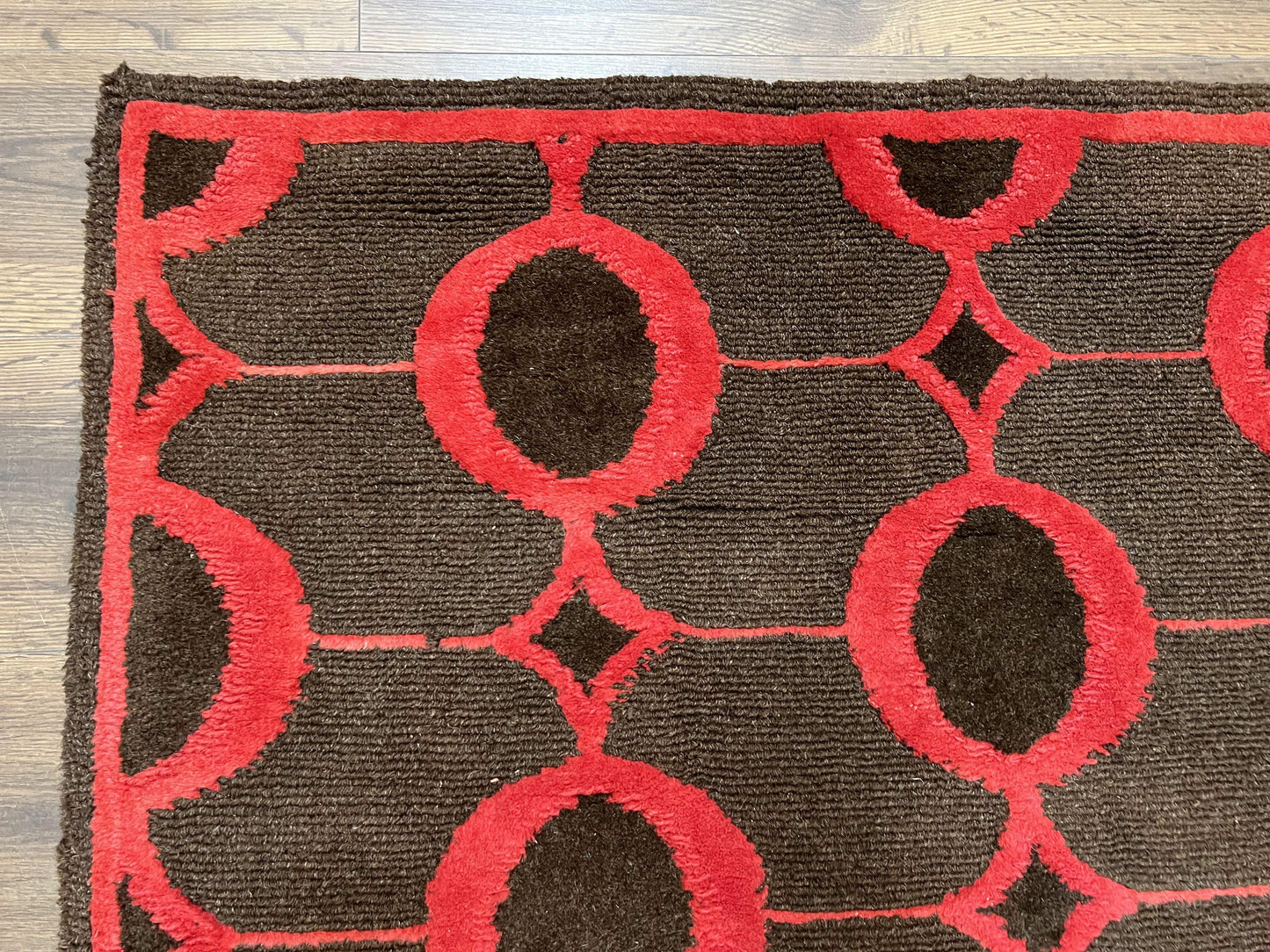 Modern Tibetan Rug 3.8 x 5.7, Raspberry Red and Dark Brown, Abstract Circle Design, Hand Knotted, Soft Wool Handmade Tibet Nepali Carpet 4x6