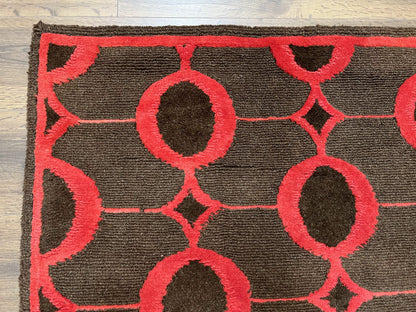 Modern Tibetan Rug 3.8 x 5.7, Raspberry Red and Dark Brown, Abstract Circle Design, Hand Knotted, Soft Wool Handmade Tibet Nepali Carpet 4x6