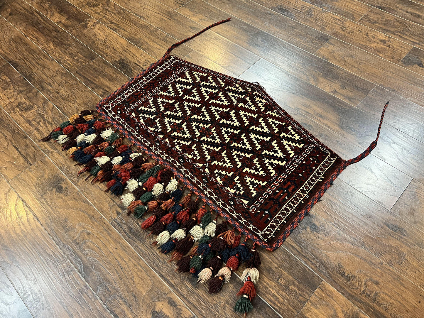 Antique Turkoman Camel Trapping Rug Hand Knotted Asmalyk Red Black Ivory