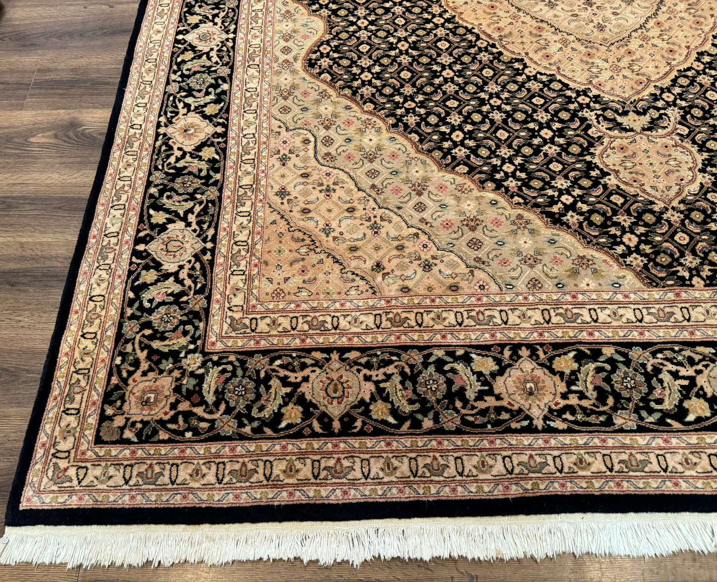 Sino Persian Rug 8x10, Herati Mahi Pattern, Fine 170 KPSI, Black, Wool and Silk Highlights