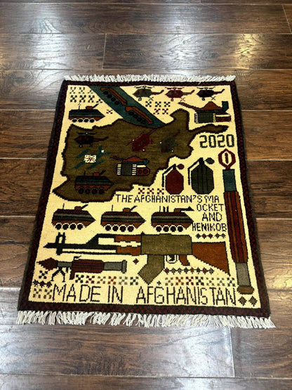 Afghan War Rug Handmade Wool With Helicopters And Tanks Decor