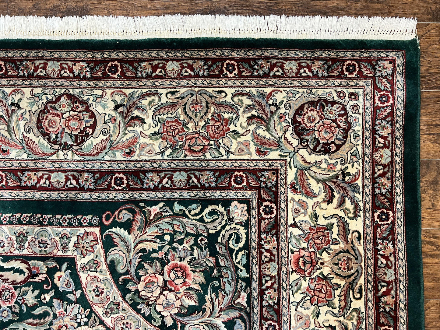 Persian Rug 9x12 Dark Green Cream Floral Medallion Handmade Wool Carpet