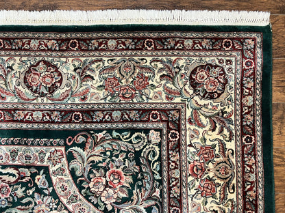 Persian Rug 9x12 Dark Green Cream Floral Medallion Handmade Wool Carpet