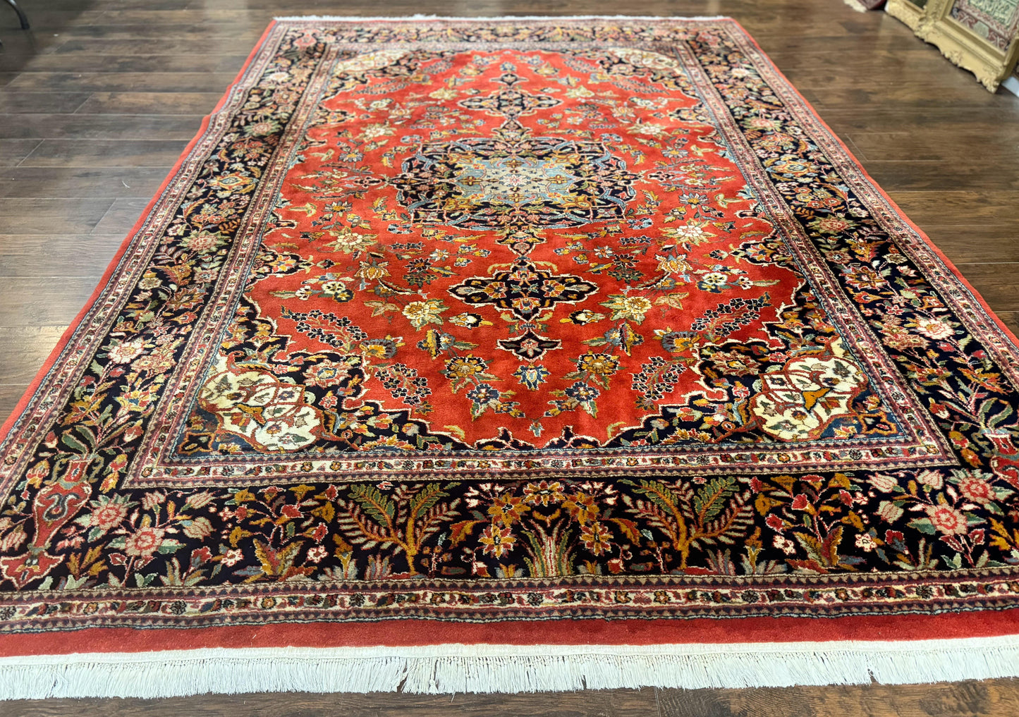 Indo Persian Rug 7x10 Vintage Handmade Wool Carpet Floral Medallion Red And Midnight Blue