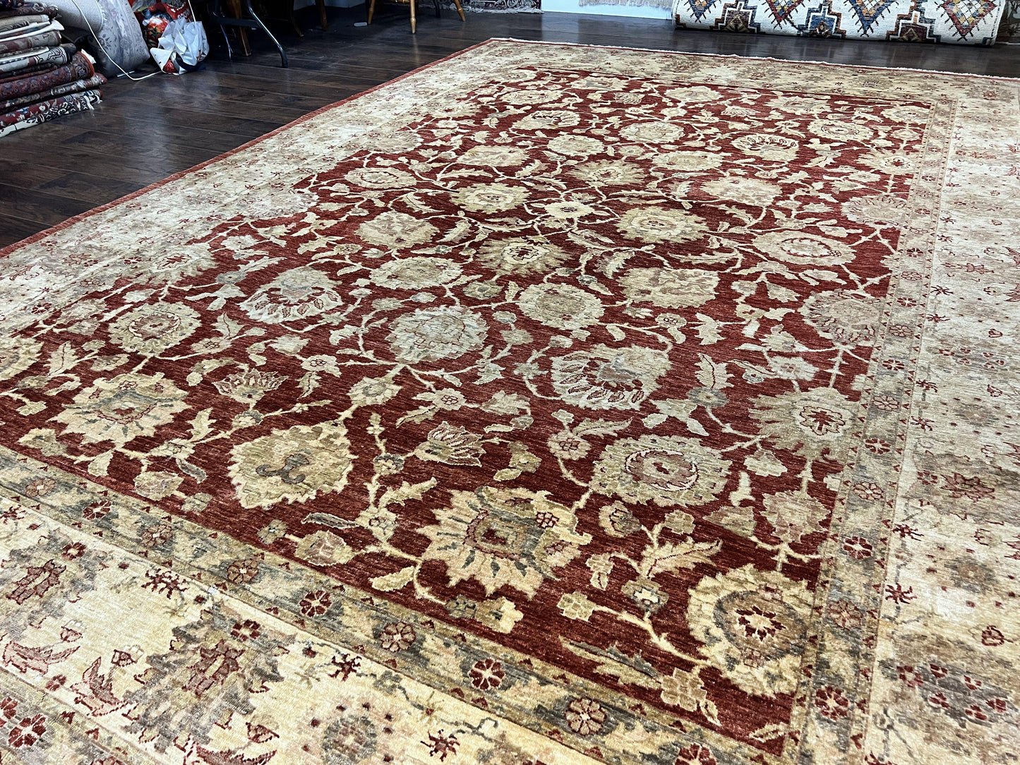 Pak Persian Rug 10x14, Sultanabad Mahal Peshawar Chobi Carpet, Large Vintage Wool Oriental Rug, Maroon & Beige, Floral Allover, Handmade