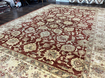 Pak Persian Rug 10x14, Sultanabad Mahal Peshawar Chobi Carpet, Large Vintage Wool Oriental Rug, Maroon & Beige, Floral Allover, Handmade
