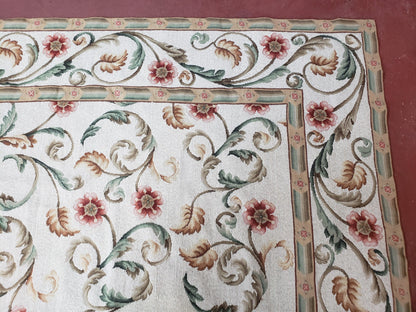 Needlepoint Rug 9x12, European Aubusson Design, Floral Allover Garden Pattern, New Needlepoint Area Rug, Ivory Rug, Hand Woven, Flatweave